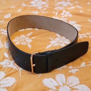 Wide Black Genuine Leather Waist Belt with Gold Buckle XS